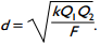 d equals the square root of k Q sub 1 Q sub 2 over F.