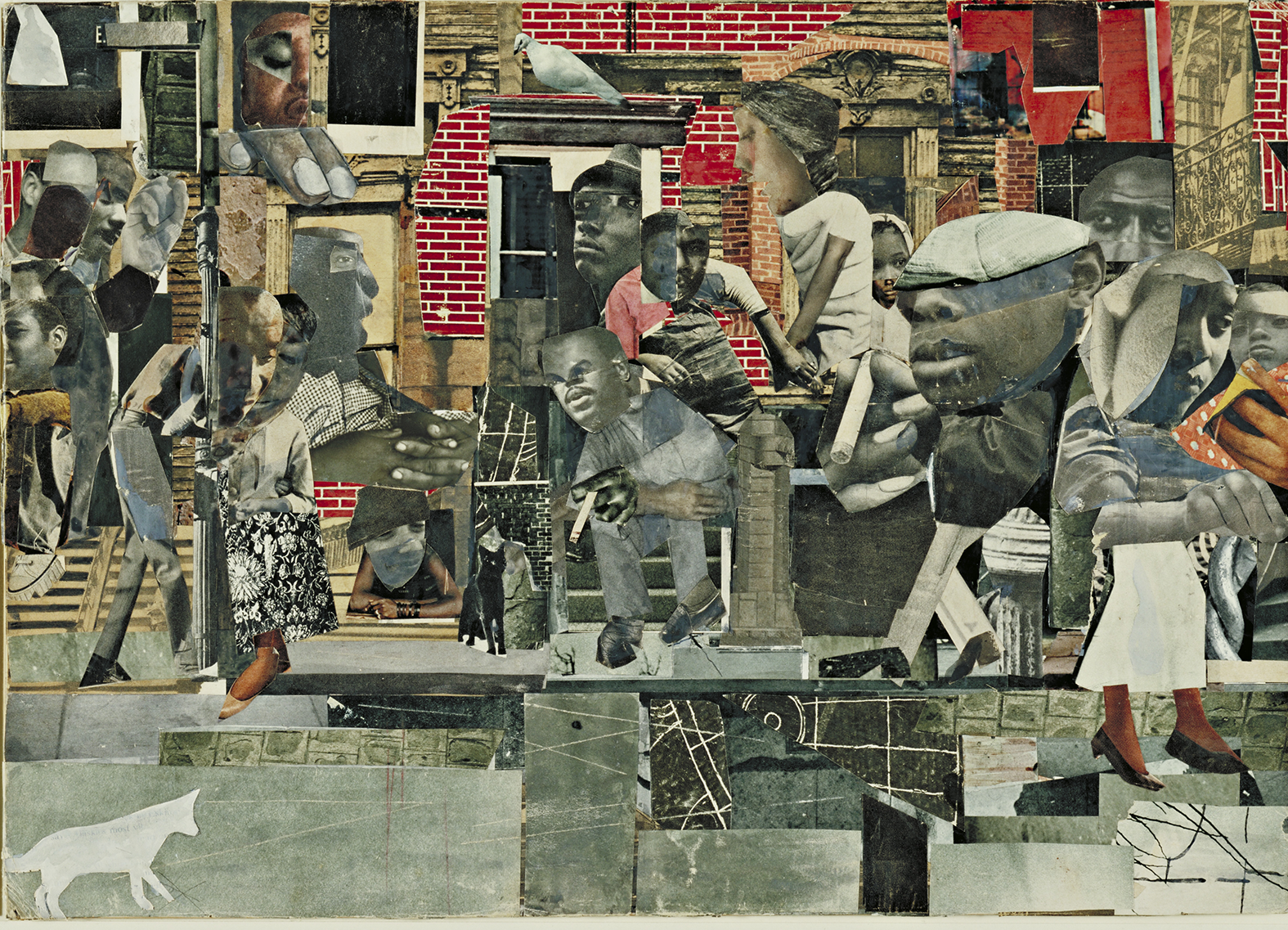 A collage depicting a busy street scene in a city.